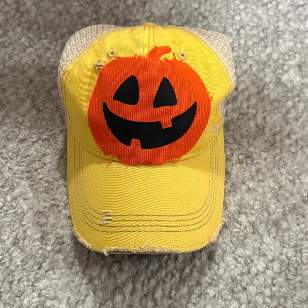 Halloween Hat Yellow Trucker w Orange Pumpkin Patch Distressed SnapBack Cap